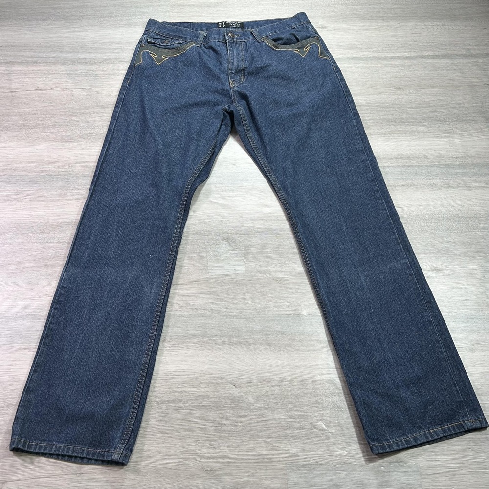 Monarchy‎ Jeans Mens 36x32 Blue Straight Leg Embroidered Flap Pockets Studded